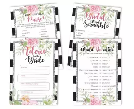 Inkdotpot Цветочные свадебные душевые игры, набор из 4(50 листов каждый) w Miss to Mrs Gold Banner Fun Набор игр для девичника 5 x 7 Inches белый