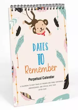 Inkdotpot Feather & Monkey Perpetual Calendar, важные даты, которые нужно помнить - ежемесячный и ежедневный журнал 6x9 для особых дней 9 x 6 Inches покинуть белый