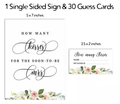 Inkdotpot How Many Kisses For The Soon To Be Mrs Floral Brunch & Bubbly White Bridal Shower Game 1 Sign 30 3.5 x 2 Inches белый
