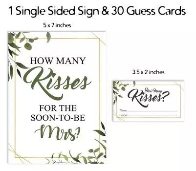 Inkdotpot How Many Kisses For The Soon To Be Mrs Greenery White Bridal Shower Game 1 Sign 30 3.5 x 2 Inches белый