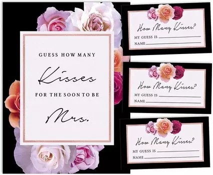 Inkdotpot How Many Kisses for The Soon to Be Mrs Floral White 1 Sign + 30 Cards Bridal Shower Game 3.5 x 2 Inches белый