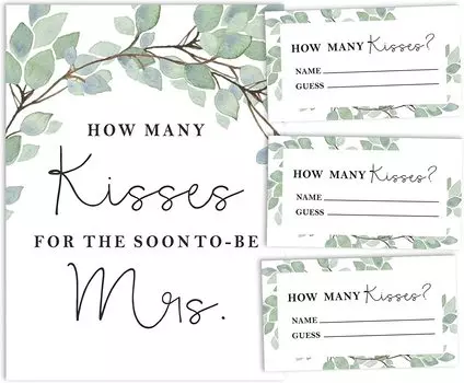 Inkdotpot How Many Kisses for The Soon to Be Mrs Greenery White Bridal Shower Game 1 Sign + 30 Cards 3.5 x 2 Inches белый