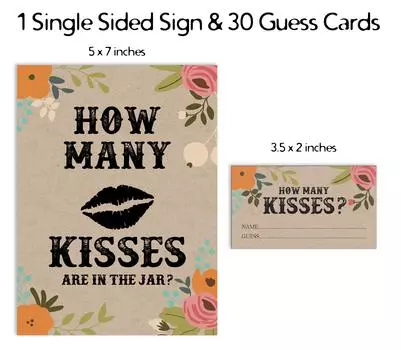 Inkdotpot How Many Kisses in The Jar Rustic Kraft Floral Bridal Shower Game 1 Sign + 30 Cards White 3.5 x 2 Inches белый
