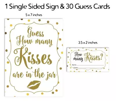 Inkdotpot How Many Kisses in The Jar Gold Confetti Bridal Shower Game 1 Sign + 30 Cards White 3.5 x 2 Inches белый