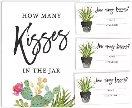 Inkdotpot How Many Kisses in The Jar White Cactus Taco bout Love Bridal Shower Game 1 Sign + 30 Cards 3.5 x 2 Inches белый