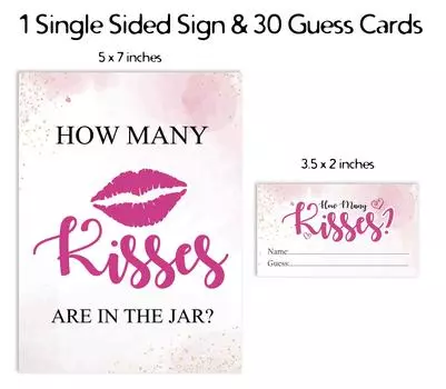 Inkdotpot How Many Kisses in The Jar White Watercolor Splash Bridal Shower Game 1 Sign + 30 Cards 3.5 x 2 Inches белый