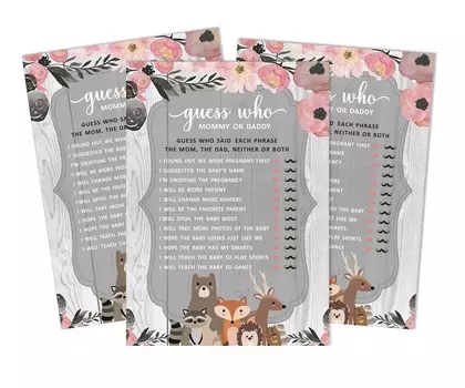 Inkdotpot Игра «Кто сказал это» Мама или папа 50 листов Веселая игра для детского душа Гендерно-нейтральные цветы и животные Товары для вечеринок 5 x 7 Inches серый