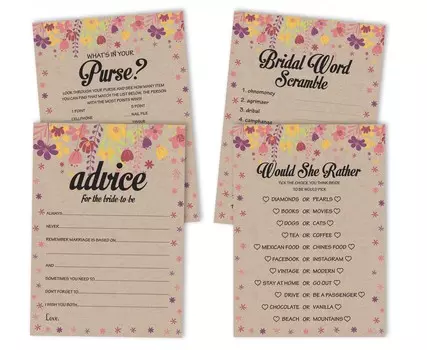 Inkdotpot Игры для свадебного душа, набор из 4 предметов(50 листов каждый) w Miss to Mrs Gold Banner Rustic Kraft Floral Fun Набор игр для девичника 5 x 7 Inches бежевый