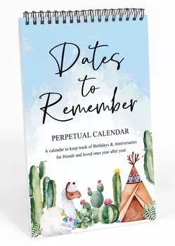 Inkdotpot Llama & Cactus Perpetual Calendar, важные даты, которые следует помнить - ежемесячный и ежедневный настенный журнал 6x9 для особых дней 9 x 6 Inches светло-синий