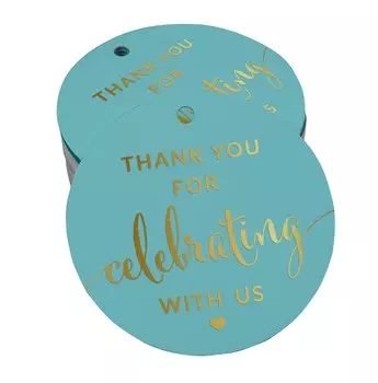 Inkdotpot Pack из 100 бумажных бирок из настоящей золотой фольги Спасибо, что празднуете с нами свадебный душ-детский душ-выход на пенсию-свадьбу-день рождения пользу повесить 50 Gold Foil Tags аква голубой