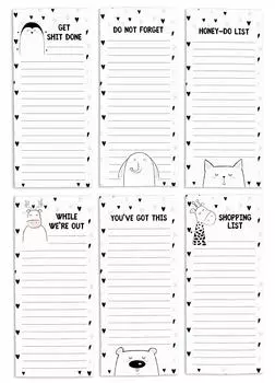 Inkdotpot Pack из 6 забавных магнитных списков для сухого стирания для холодильника, Wipe Clean w NoStain, быстрые заметки Список покупок и продуктов Белая доска для холодильника 8.75x3.8 cm чёрный