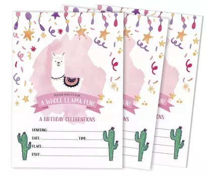 Inkdotpot Pack Of 30 Birthday Invitations, Boys or Girls Invite, Alpaca Cactus Sleepover Themed, Children or Toddlers Baby First or 1st Bday Supplies 5 x 7 Inches чёрный