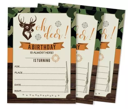 Inkdotpot Pack Of 30 Deer Hunting Kids Birthday Invites, Boy Camo Camping Themed Sleepover, Camouflage Bday Theme Fill In the Blank Cards 5 x 7 Inches чёрный