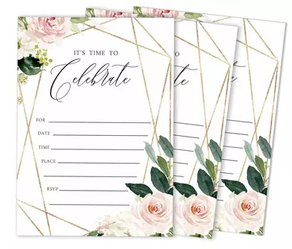 Inkdotpot Pack Of 30, Its Time To Celebrate Join Us Invitations With Envelopes, Geo Blush Floral Greenery Watercolor Invites for Your Wedding 5 x 7 Inches чёрный