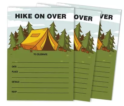 Inkdotpot Pack Of 30 Kids Birthday or Slumber Party Invitations, Hike On Over Camping Party Birthday Invites With Envelopes, Fill In The Blank Invites 5 x 7 Inches чёрный