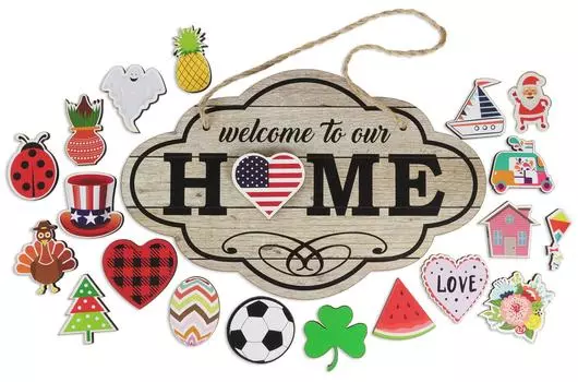 Inkdotpot Приветственный знак Украшения для входной двери Висит деревенское дерево Сезонные праздничные украшения Подарок на новосельеНастенный подвес 14 дюймов светло-серый