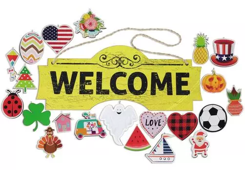 Inkdotpot Приветственный знак Украшения для входной двери Подвесные деревенские деревянные сезонные праздничные украшения Подарок на новосельеНастенный подвес 15 дюймов чёрный