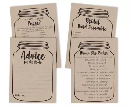 Inkdotpot Rustic Kraft Mason Jar Игры для свадебного душа, набор из 4 предметов(50 листов каждый) w Miss to Mrs Gold Banner Fun Набор игр для девичника 5 x 7 Inches бежевый