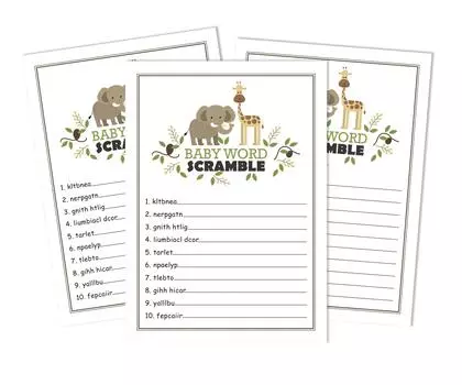 Inkdotpot Set Of 50 Baby ShowerA Word ScrambleA Game Cards Гендерно-нейтральный Жираф и слон Праздничные атрибуты-Веселая игра Baby Shower 5 x 7 Inches