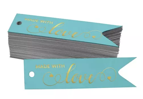 Inkdotpot, упаковка из 100 штук, сделанных с любовью, текстовые бумажные бирки, ремесло, настоящая золотая фольга, повесить 50 Gold Foil Tags аква голубой