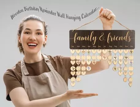 Inkdotpot Вечный настенный календарь Деревянный, запоминающиеся даты Настенный календарь на день рождения-декоративный трекер на день рождения Настенная табличка 16x4.7 коричневый