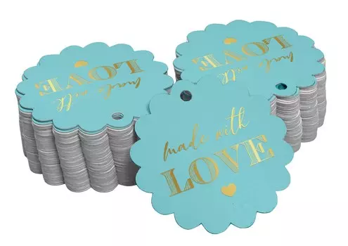 Inkdotpot Золотая фольга Бумажные бирки Сделано с любовью Текстовые бирки 100 шт. 50 Gold Foil Tags аква голубой