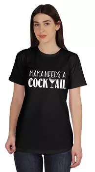 Inkmeso Mama Needs A Cocktail Graphic Tshirt Short Sleeve Women Cotton Tee 3XL чёрный