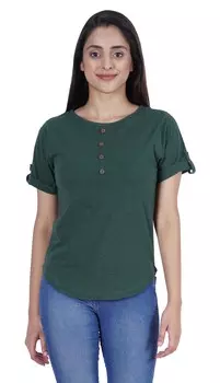 Inkmeso Однотонные топы с закатанными рукавами для женщин Футболка с круглым подолом Летняя повседневная L зелёный