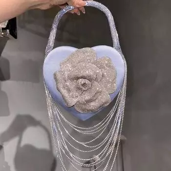 Инкрустированная бриллиантами женская сумка для ужина в форме сердца, супер-яркая сумка-платье с розами, цветочная кисточка, полоска бриллиантов, знаменитая сумочка серебряный