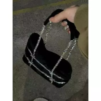 Инкрустированная стразами цепочка плюшевая женская сумка 2024 года новая высококачественная фактурная сумка через плечо подмышкой чёрный