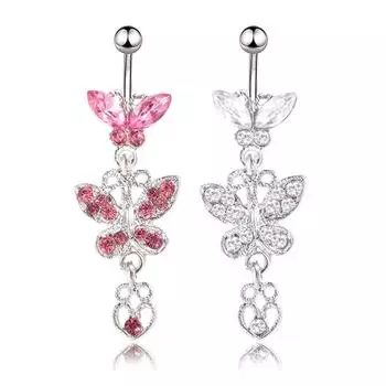 Инкрустированное бриллиантами блестящее красивое длинное универсальное кольцо с бантом и пупком белый