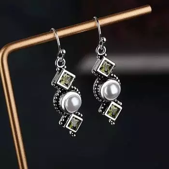 inlaid with artificial pearls geometric shape Retro synthetic gemstones irregular Bohemian style earrings ear hooks and earrings зелёный