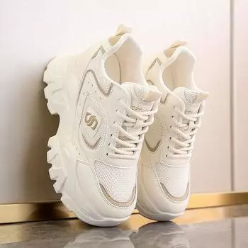 Внутренняя высота, увеличивающая рост, папины туфли, женские, новые, осенние, универсальные, на платформе, дорожные туфли Tide Is Mesh, спортивная и досуговая обувь 35 бежевый