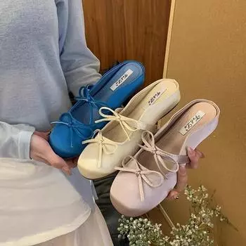 Inner height increase French purple bag head half slippers women s 2025 new spring and summer bow Mary Jane ballet shoes 34 абрикосовый