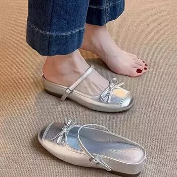 Inner height increase half drag new bow ballet shoes small satin surface one word with bag head single shoes 35 серебряный