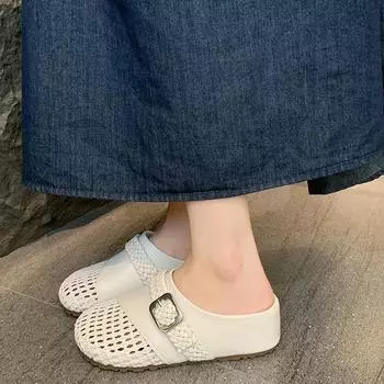 Inner height increase hollow woven bag head half slippers women s summer wear new one-pedal lazy cool slippers 35