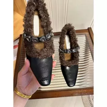 Inner height increase Mary Jane single shoes rhinestone square head thick women s shoes winter velvet small women s shoes retro versatile fluffy shoes 34