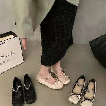 Inner height increase pink Mary Jane single shoes fairy shoes spring and autumn 2024 new French spring bow evening shoes 35 чёрный