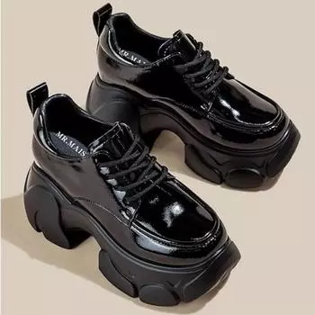 Кожаные туфли с внутренним увеличением высоты, женские туфли, туфли-муффины на платформе, высокие каблуки, туфли-лодочки в британском стиле, 10 см 35 чёрный