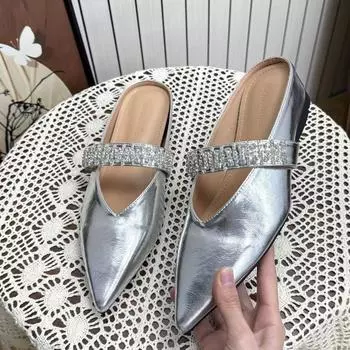 Inner height increase Small rhinestone bag head half slippers Women s spring and summer new outer wear pointed nude sandals 34