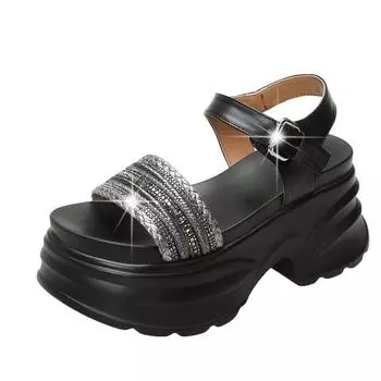 Inner height-increasing high-heeled sandals women s spring and summer 2025 new fashionable versatile rhinestone thick-soled heightened wedge-heeled s 34