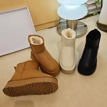 Inner height snow boots leather bread shoes padded thickened warm cotton shoes 35 белый