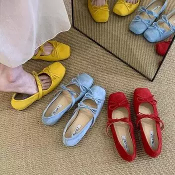 Inner heightening bow yellow Mary Jane single shoes women s shoes 2025 spring and summer with skirt retro ballet shoes 35 синий