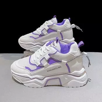 Inner heightening muffin sole sneakers autumn and winter new thick-soled lace-up casual shoes color matching mesh dad shoes 35