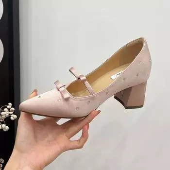 Inner Heightening Women s Shoes Silk Bow Thick Heel Single Shoes 2025 Spring New High End Rhinestone Pointed High Heels Women 33