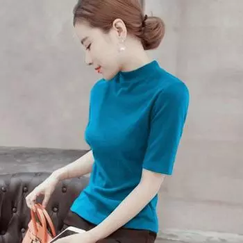 Inner Match Knitting Bottoming Shirt Sweater Women s Spring & Fall European and American Foreign Trade Women s Clothing Silm Half Sleeve Black Tops Shallow cattle orchid 2XL