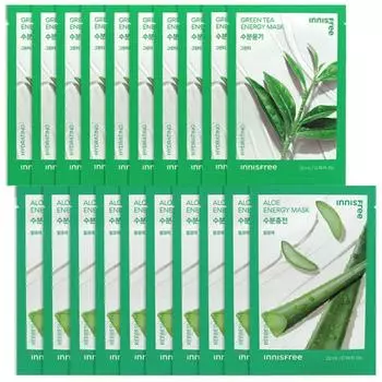 Innisfree энергетическая маска алоэ 10 листов + зеленый чай 10 листов бесплатно