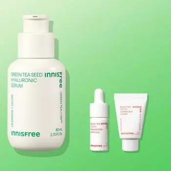 Innisfree Увлажняющая сыворотка с гиалуроновой кислотой и семенами зеленого чая 80 мл + дорожный набор, корейская косметика