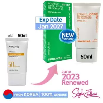 [INNISFREE] Интенсивный солнцезащитный крем длительного действия EX 60 мл (SPF50 + / PA ++++) 1pc + Sample Gifts