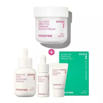 Innisfree Крем для упругости кожи с коллагеном и керамидами на основе зеленого чая 50 мл + ампула для омоложения с черным чаем большой емкости, одинарный набор, корейская косметика